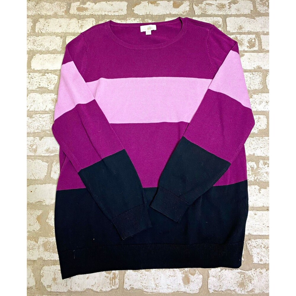 Belle Kim Gravelle Womens L Colorblock V-Neck Sweater Purple Black Pink Knit